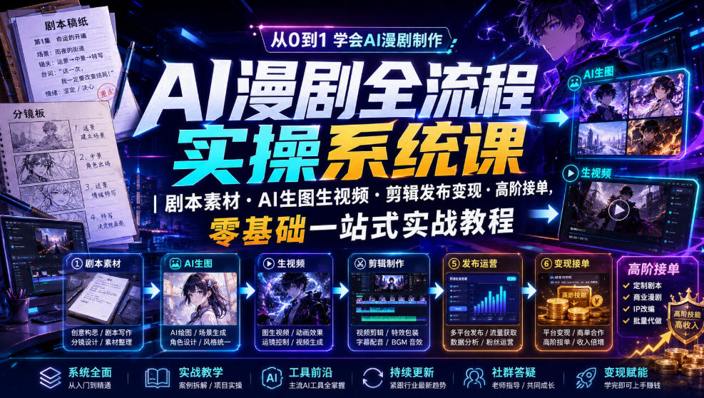 AI漫剧全流程实操系统课|剧本素材・AI生图生视频・剪辑发布变现・高阶接单,零基础一站式实战教程-来聚吧