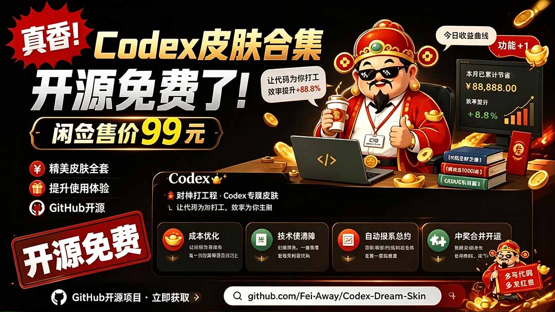 闲鱼售卖99元的Codex皮肤包,GitHub 免费开源了!让你的codex变成精美界面 Codex Dream Skin-来聚吧