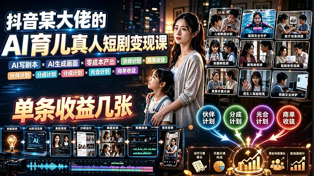 AI育儿真人短剧变现课：AI写剧本×AI生成画面×零成本产出×伙伴计划×分成计划×光合计划×商单收徒-来聚吧