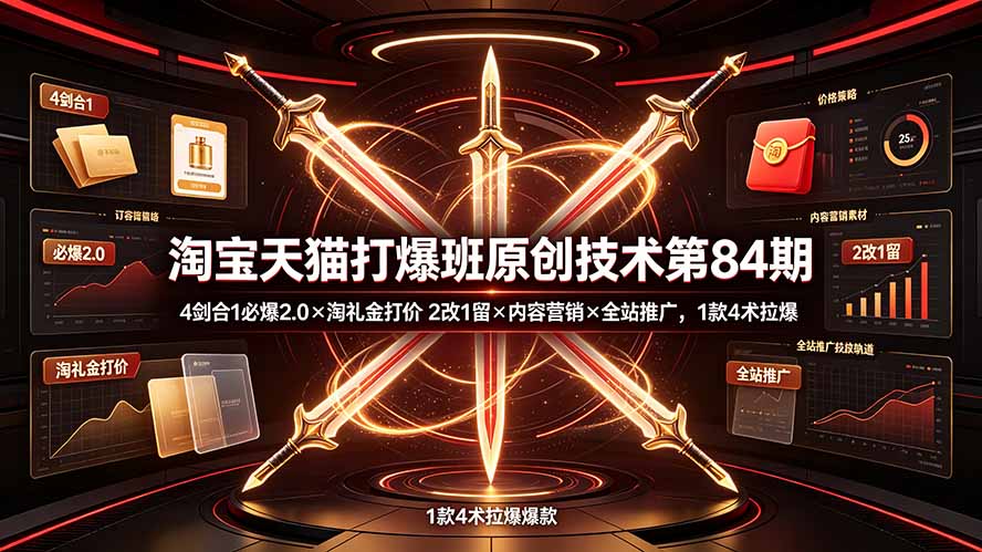 淘宝天猫打爆班原创技术第84期:4剑合1必爆2.0×淘礼金打价×2改1留×内容营销×全站推广,1款4术拉爆-来聚吧