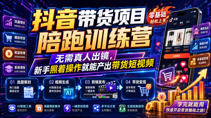 抖音带货项目陪跑训练营,无需真人出镜,新手照着操作就能产出带货短视频-来聚吧