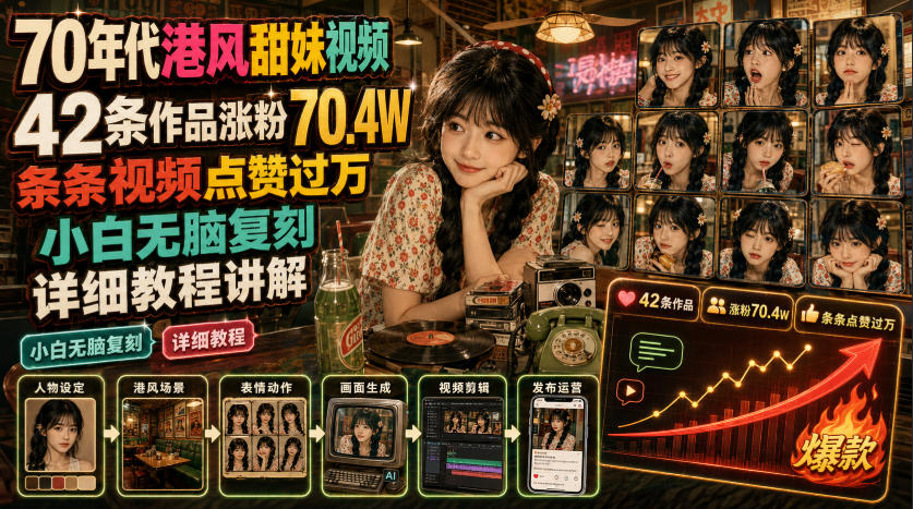 70年代港风甜妹视频,42条作品涨粉70.4W,条条视频点赞过万,小白无脑复刻,详细教程讲解-来聚吧