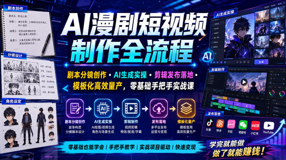 AI漫剧短视频制作全流程|剧本分镜创作・AI生成实操・剪辑发布落地・模板化高效量产,零基础手把手实战课-来聚吧