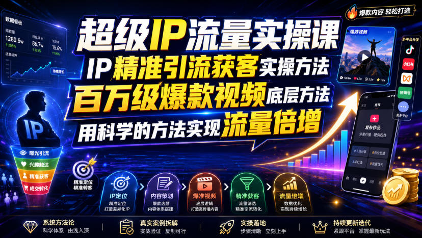 超级IP流量实操课,IP精准引流获客实操方法,百万级爆款视频底层方法,用科学的方法实现流量倍增-来聚吧