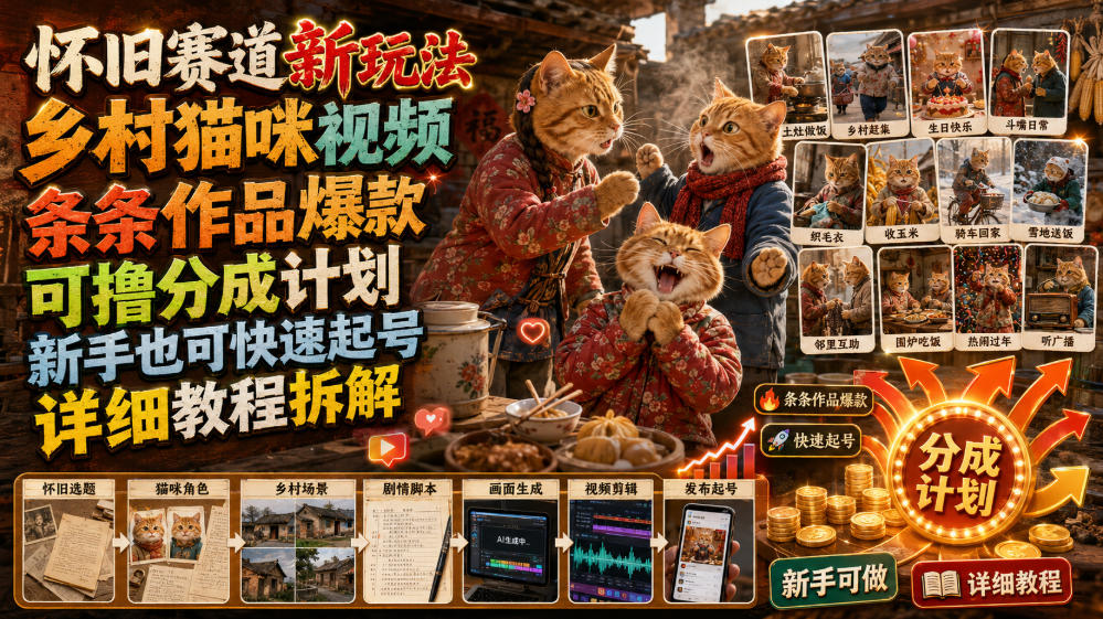 怀旧赛道新玩法,乡村猫咪视频,条条作品爆款,可撸分成计划,新手也可快速起号,详细教程拆解-来聚吧