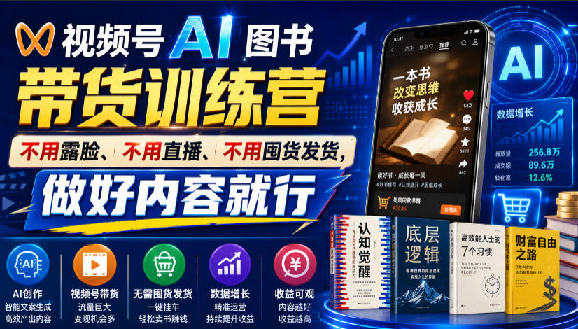 视频号AI图书带货训练营,不用露脸、不用直播、不用囤货发货,做好内容就行,一条爆款视频佣金8942-来聚吧