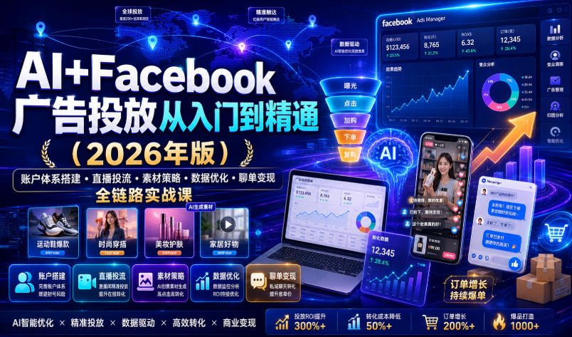 AI+Facebook广告投放从入门到精通(2026年版)｜账户体系搭建・直播投流・素材策略・数据优化・聊单变现全链路实战课-来聚吧