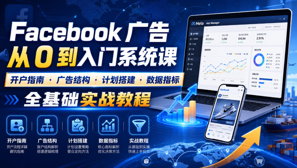 Facebook广告新手从0到入门系统课|开户指南・广告结构・计划搭建・数据指标全基础实战教程-来聚吧