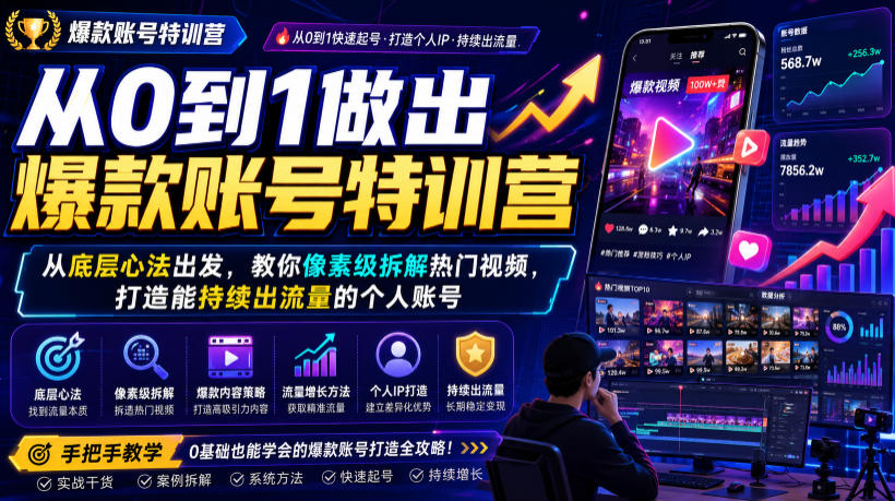 从0到1做出爆款账号特训营,从底层心法出发,教你像素级拆解热门视频,打造能持续出流量的个人账号-来聚吧