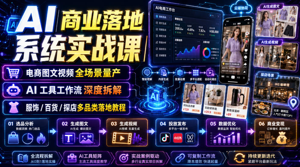 AI商业落地系统实战课|电商图文视频全场景量产・AI工具工作流深度拆解・服饰/百货/探店多品类落地教程-来聚吧