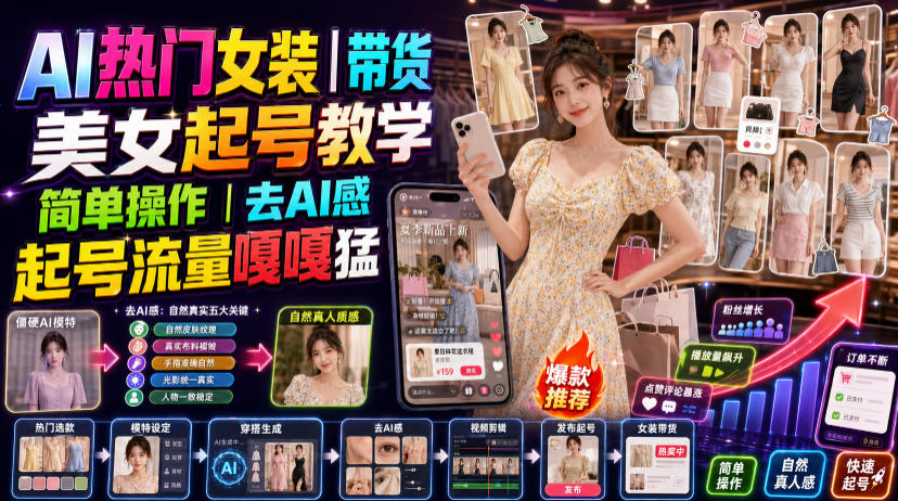 AI热门女装带货丨美女起号教学,简单操作,去AI感,起号流量嘎嘎猛-来聚吧