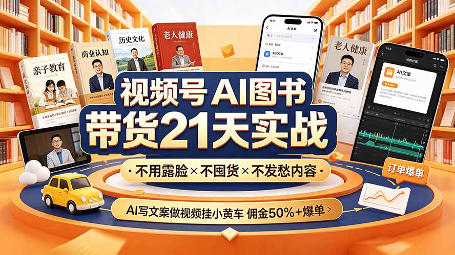视频号AI图书带货21天实战:不用露脸×不囤货×不发愁内容,AI写文案做视频挂小黄车,佣金50%+爆单-来聚吧