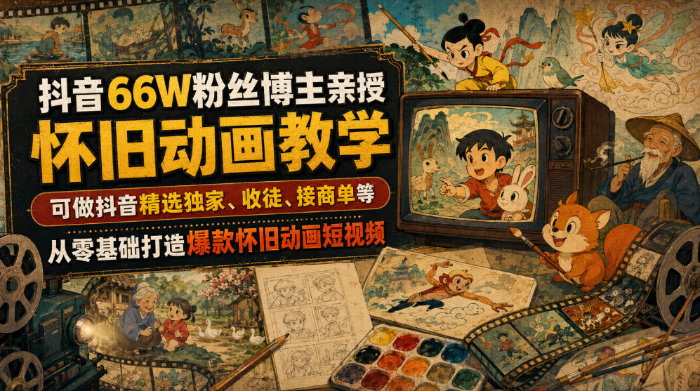抖音66W粉丝博主亲授怀旧动画教学,可做抖音精选独家、收徒、接商单等,从零基础打造爆款怀旧动画短视频-来聚吧