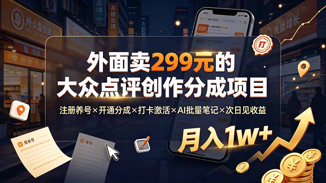 外面卖299元的大众点评创作分成项目:注册养号×开通分成×打卡激活×AI批量笔记×次日见收益,月入1w+-来聚吧