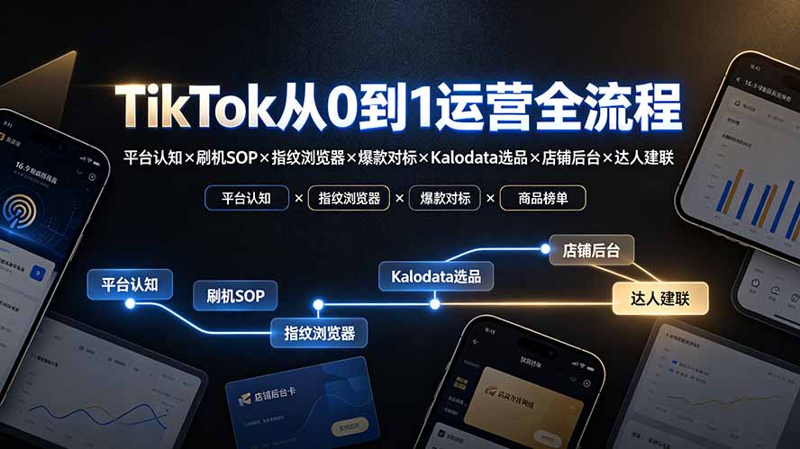 TikTok从0到1运营全流程:平台认知×刷机SOP×指纹浏览器×爆款对标×Kalodata选品×店铺后台×达人建联-来聚吧