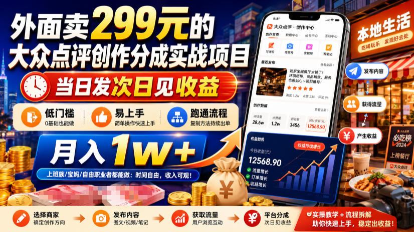 外面卖299元的大众点评创作分成实战项目，当日发次日见收益，低门槛易上手，跑通流程月入1w+-来聚吧