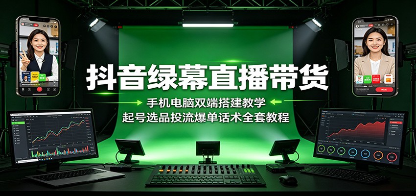 抖音绿幕直播带货:手机电脑双端搭建教学,起号选品投流爆单话术全套教程-来聚吧