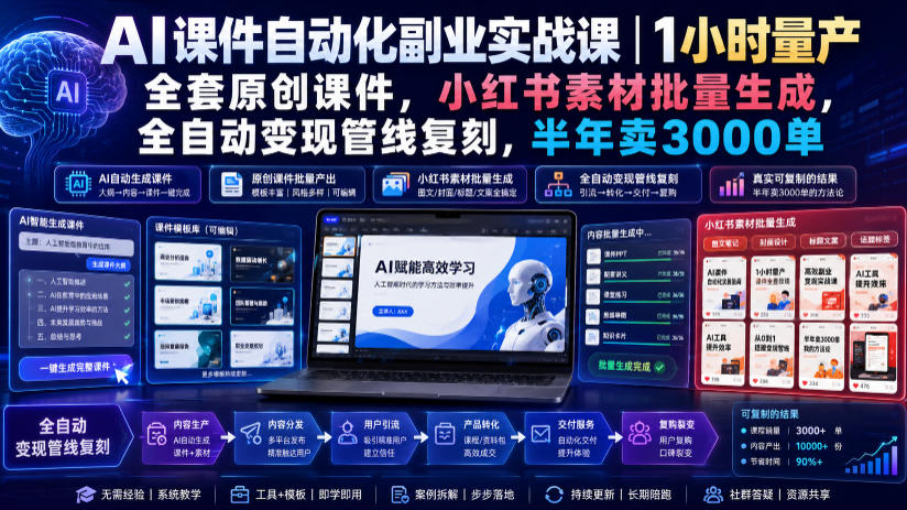 AI课件自动化副业实战课|1小时量产全套原创课件,小红书素材批量生成,全自动变现管线复刻,半年卖3000单-来聚吧