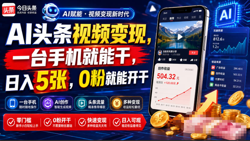 AI头条视频变现,一台手机就能干,日入5张,0粉就能开干-来聚吧