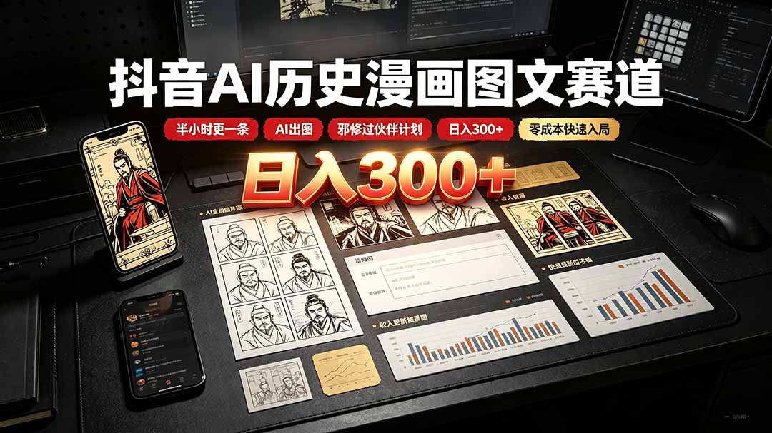 抖音AI历史漫画图文赛道:半小时更一条×AI出图×邪修过伙伴计划×日入300+,零成本快速入局-来聚吧