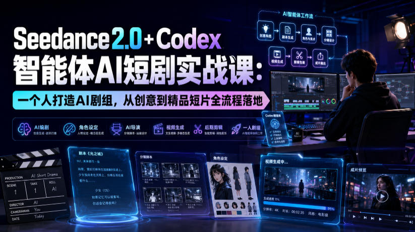Seedance2.0+Codex智能体AI短剧实战课:一个人打造AI剧组,从创意到精品短片全流程-来聚吧