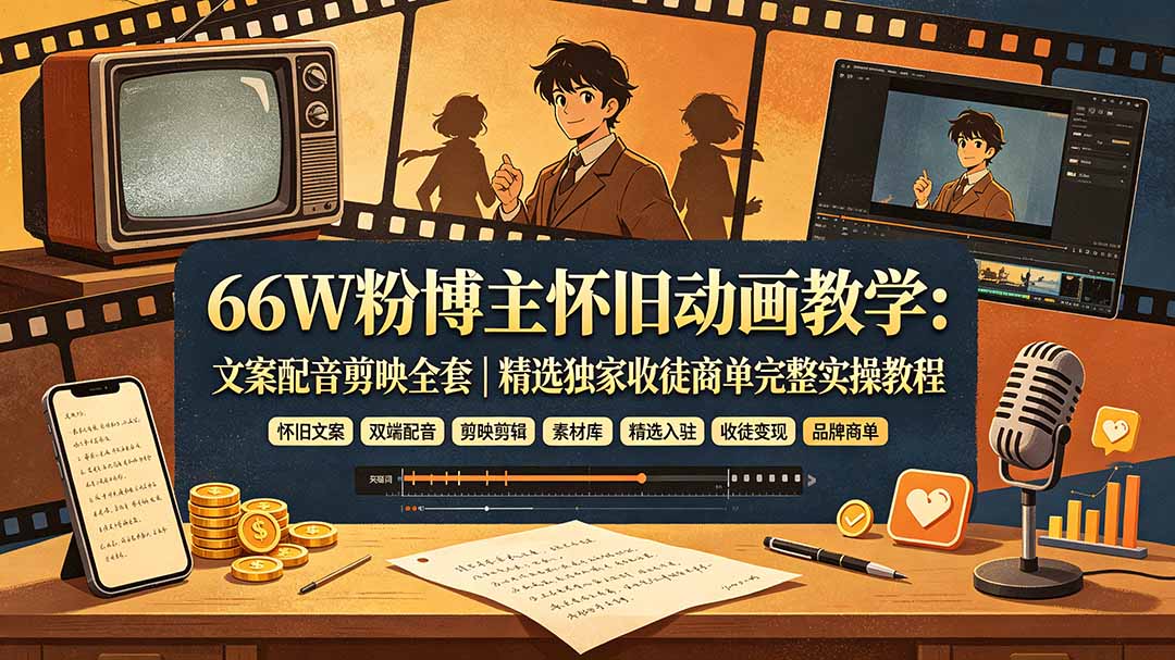 66W粉博主怀旧动画教学:文案配音剪映全套|精选独家收徒商单完整实操教程-来聚吧