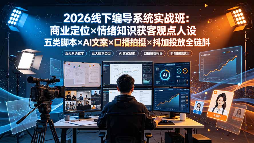 2026线下编导系统实战班:商业定位×情绪知识获客观点人设五类脚本×AI文案×口播拍摄×抖加投放全链路-来聚吧