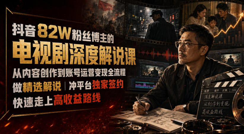 抖音82W粉丝博主的电视剧深度解说课,从内容创作到账号运营变现全流程,做精选解说,冲平台独家签约,快速走上高收益路线-来聚吧