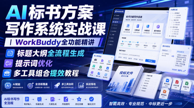 AI标书方案写作系统实战课|WorkBuddy全功能精讲・标题大纲全流程生成・提示词优化・多工具组合提效教程-来聚吧