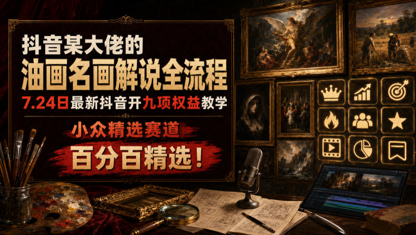 抖音某大佬的油画名画解说全流程,7.24日最新抖音开九项权益教学,小众精选赛道,百分百精选!-来聚吧