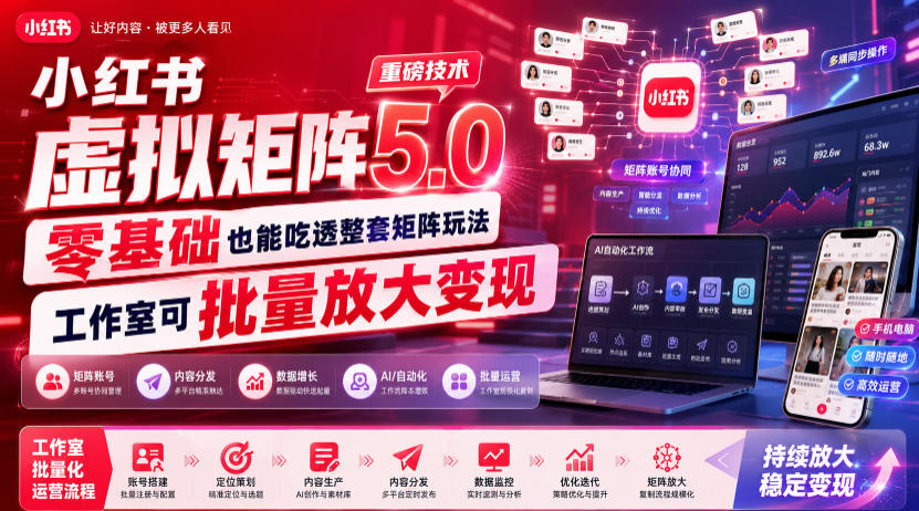 小红书虚拟矩阵5.0重磅技术,零基础也能吃透整套矩阵玩法,工作室可批量放大变现-来聚吧