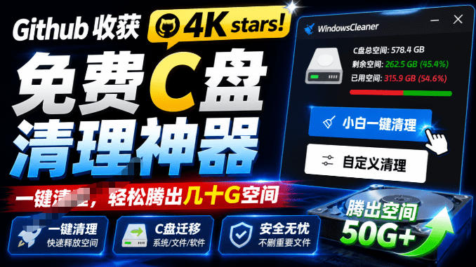 Github收获4K stars!免费C盘清理神器,轻松腾出几十G空间,支持C盘迁移Windows Cleaner-来聚吧