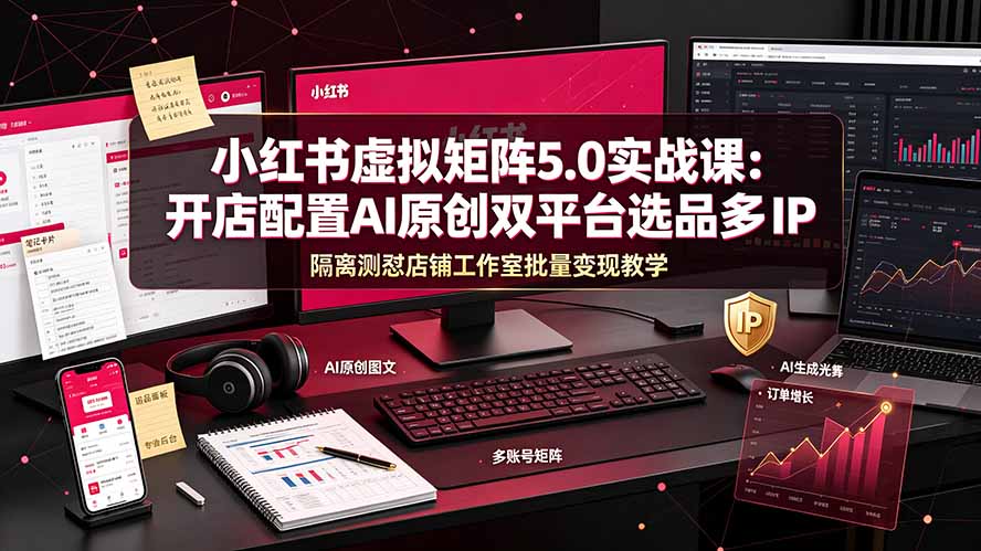 小红书虚拟矩阵5.0实战课：开店配置｜AI原创｜双平台选品｜多IP隔离｜测怼店铺工作室批量变现实操教学-来聚吧