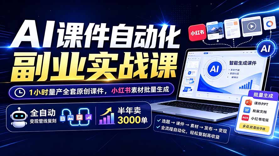 AI课件自动化副业实战课:1小时量产全套原创课件×小红书素材批量生成×全自动变现管线×半年卖3000单-来聚吧