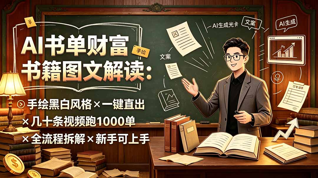 AI书单财富书籍图文解读:手绘黑白风格×一键直出×几十条视频跑1000单×全流程拆解×新手可上手-来聚吧