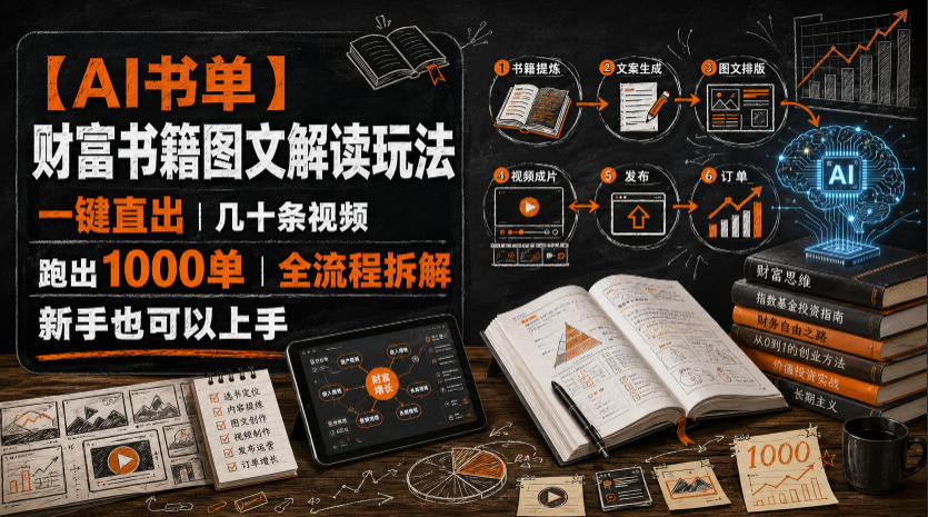 【AI书单】财富书籍图文解读玩法,一键直出,几十条视频,跑出1000单,全流程拆解,新手也可以上手-来聚吧