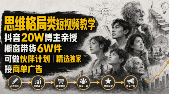 人性思维格局类短视频教学,抖音20W博主亲授,橱窗带货6W件,可做伙伴计划、精选独家、接商单广告-来聚吧