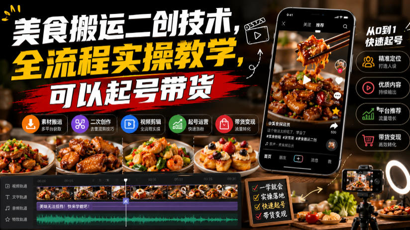 美食搬运二创技术,全流程实操教学,可以起号带货-来聚吧