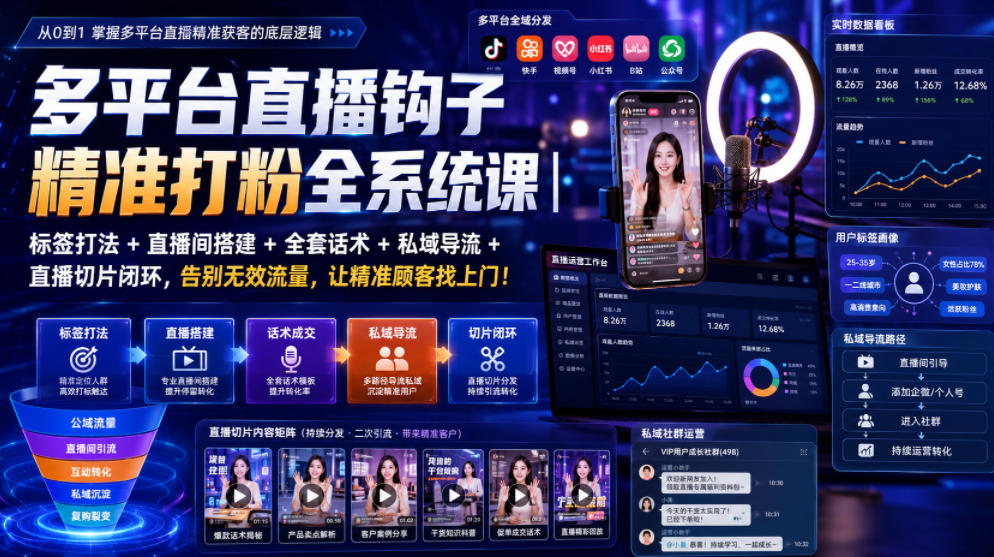 多平台直播钩子精准打粉全系统课|标签打法+直播间搭建+全套话术+私域导流+直播切片闭环,告别无效流量,让精准顾客找上门!-来聚吧