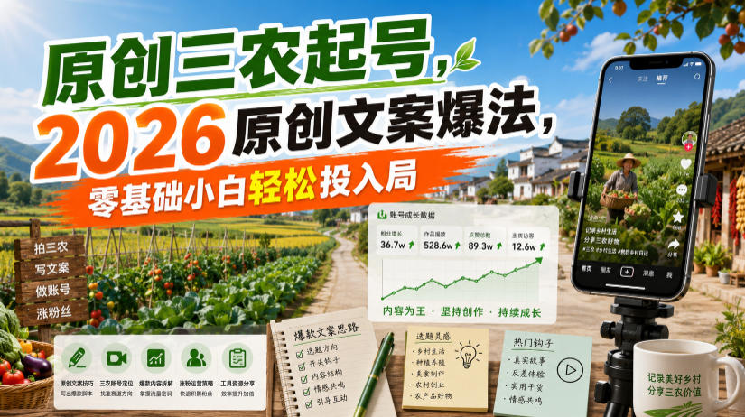 原创三农起号,2026原创文案爆法,零基础小白轻松投入局-来聚吧