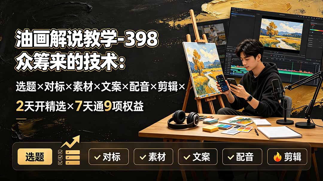 油画解说教学-398众筹来的技术:选题×对标×素材×文案×配音×剪辑×2天开精选×7天通9项权益-来聚吧