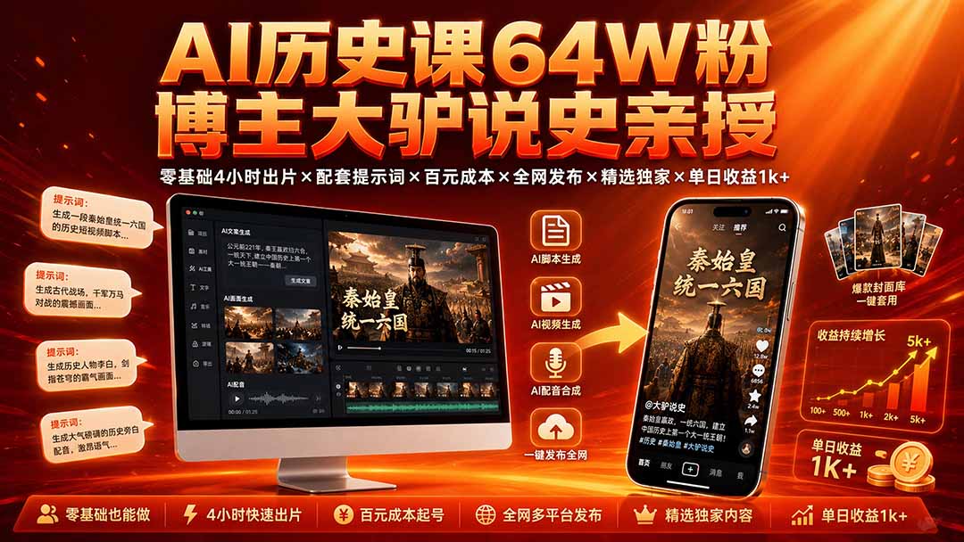 AI历史课64W粉博主大驴说史亲授：零基础4小时出片×配套提示词×百元成本×全网发布×精选独家×单日收益1k+-来聚吧