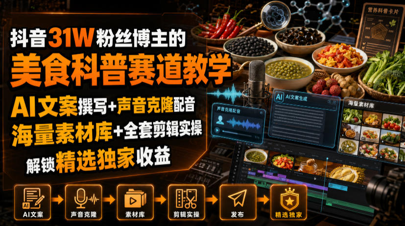 抖音31W粉丝博主的美食科普赛道教学,AI文案撰写+声音克隆配音+剪辑实操,解锁精选独家收益-来聚吧