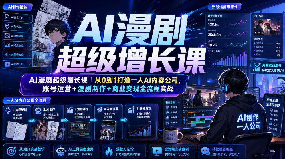 AI漫剧超级增长课｜从0到1打造一人AI内容公司，账号运营+漫剧制作+商业变现全流程实战-来聚吧