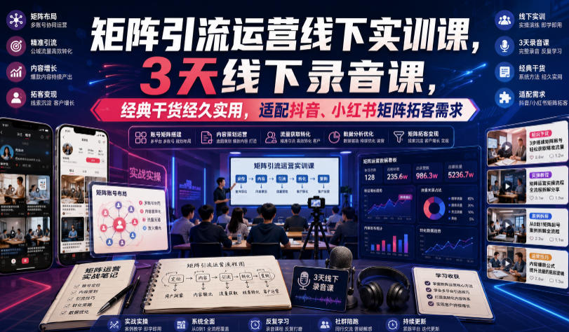 嗨推矩阵引流运营线下实训课,3天线下录音课,经典干货经久实用,适配抖音、小红书矩阵拓客需求-来聚吧