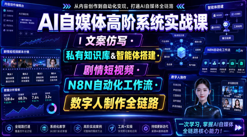 AI自媒体高阶系统实战课|文案仿写・私有知识库&智能体搭建・剧情短视频・N8N自动化工作流・数字人制作全链路-来聚吧