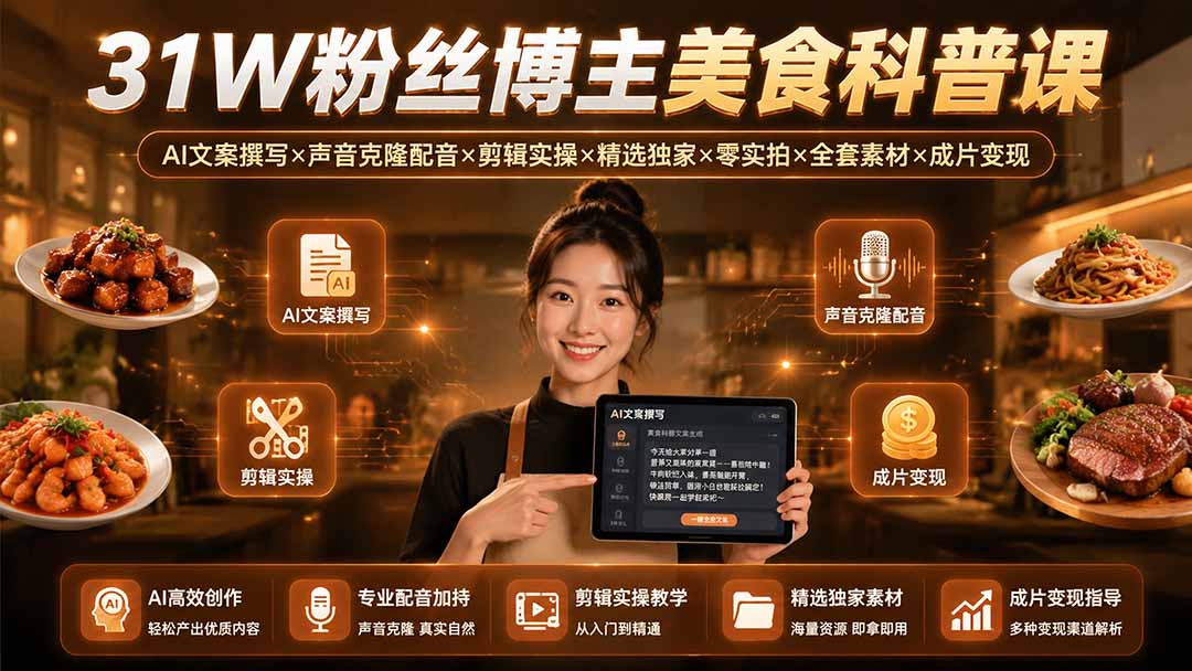 31W粉丝博主美食科普课:AI文案撰写×声音克隆配音×剪辑实操×精选独家×零实拍×全套素材×成片变现-来聚吧