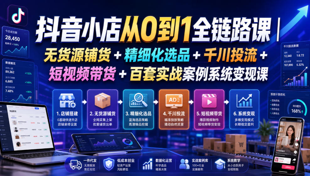 抖音小店从0到1全链路课|无货源铺货+精细化选品+千川投流+短视频带货+百套实战案例系统变现课(2026年7月更新)-来聚吧