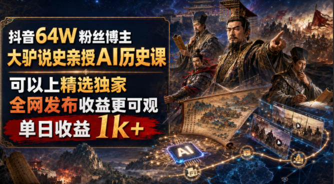 抖音64W粉丝博主大驴说史亲授AI历史课,可以上精选独家,全网发布收益更可观,单日收益1k+-来聚吧