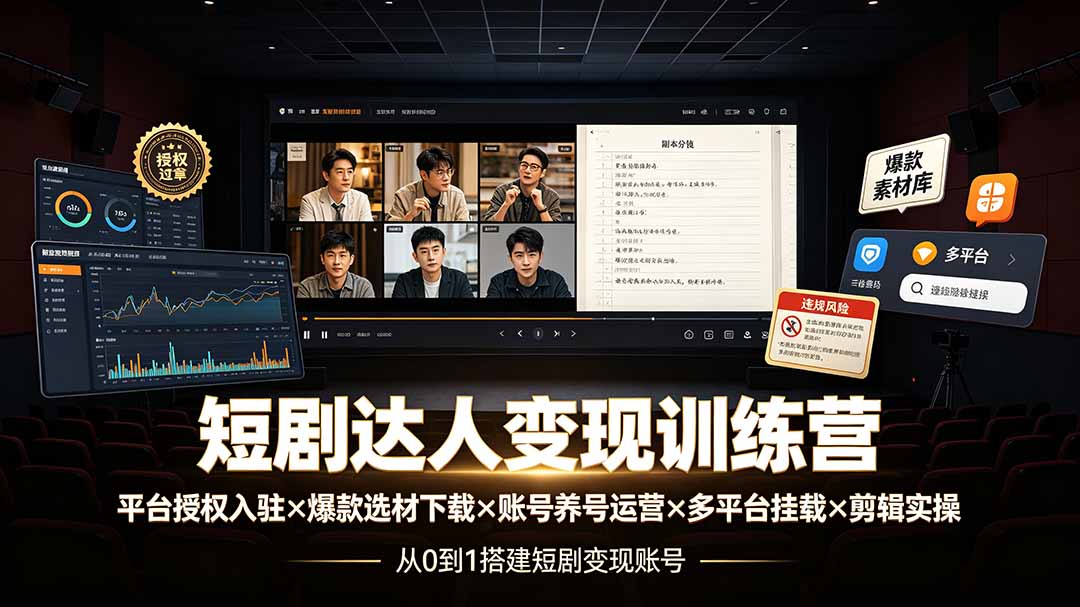 短剧达人变现训练营:平台授权入驻×爆款选材下载×账号养号运营×多平台挂载×剪辑实操×违规处理全流程-来聚吧